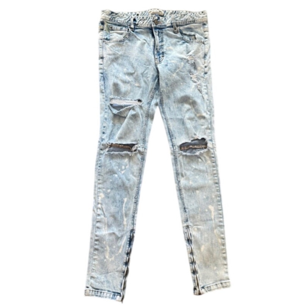 Hyper Denim Light Acid Wash Paint Splatter Distressed Skinny Zipped Jeans 34